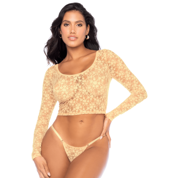 Ensemble 2 pièces en dentelle jaune pastel, crop top et string 